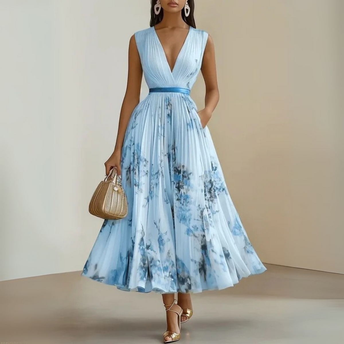 Cecilia | Womens Pleated Chiffon V-Neck Midi Dress