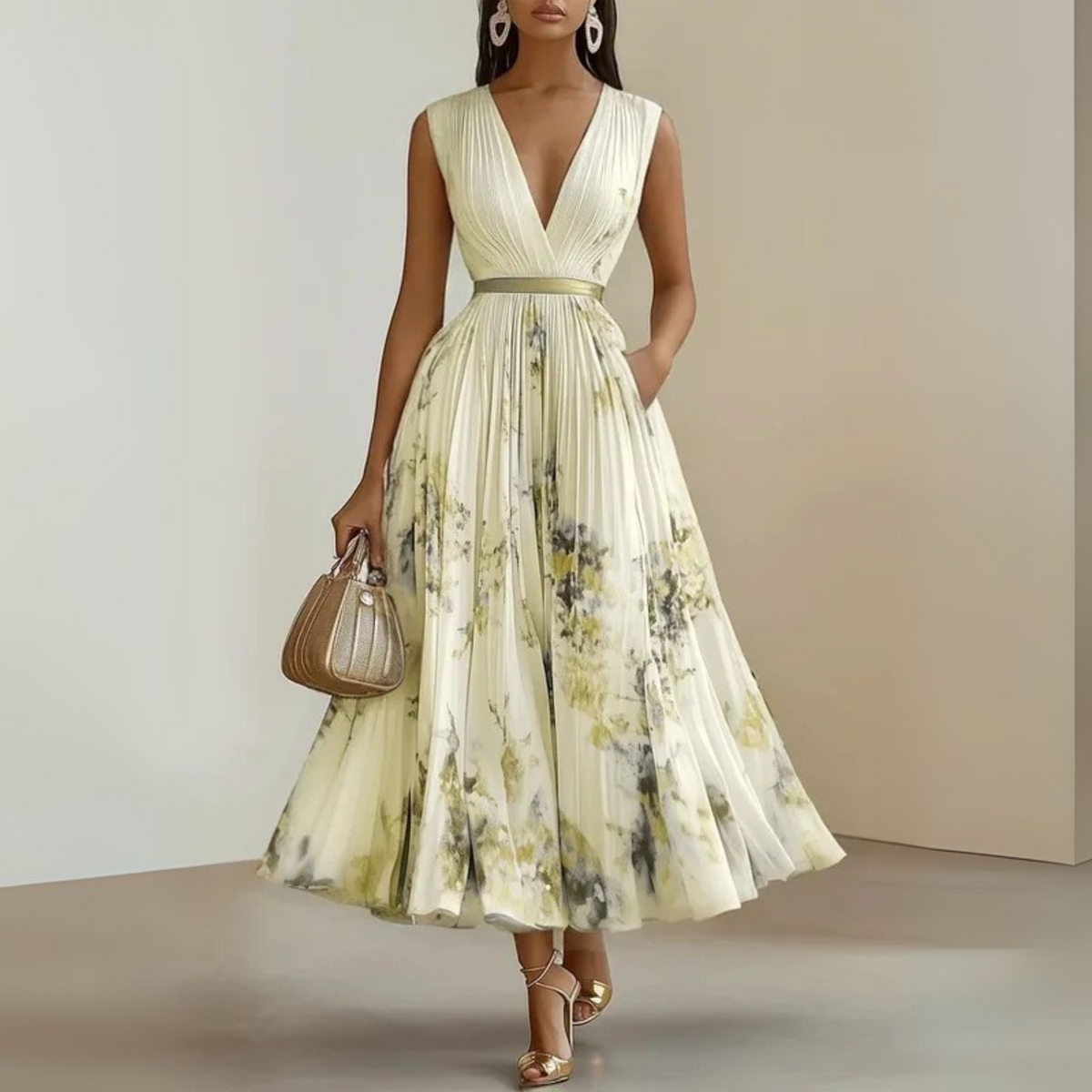 Cecilia | Womens Pleated Chiffon V-Neck Midi Dress