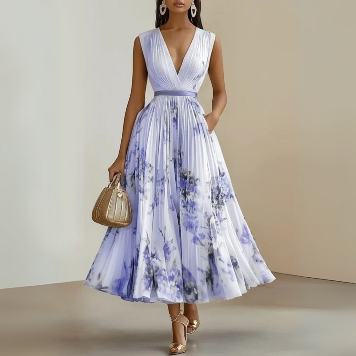 Cecilia | Womens Pleated Chiffon V-Neck Midi Dress