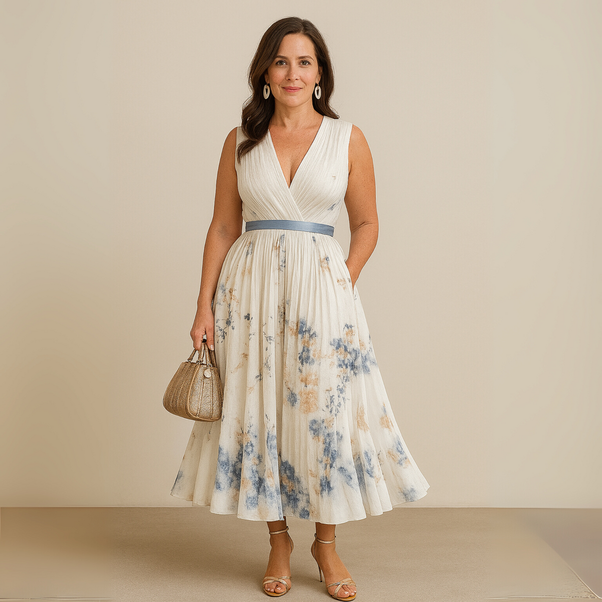 Cecilia | Womens Pleated Chiffon V-Neck Midi Dress