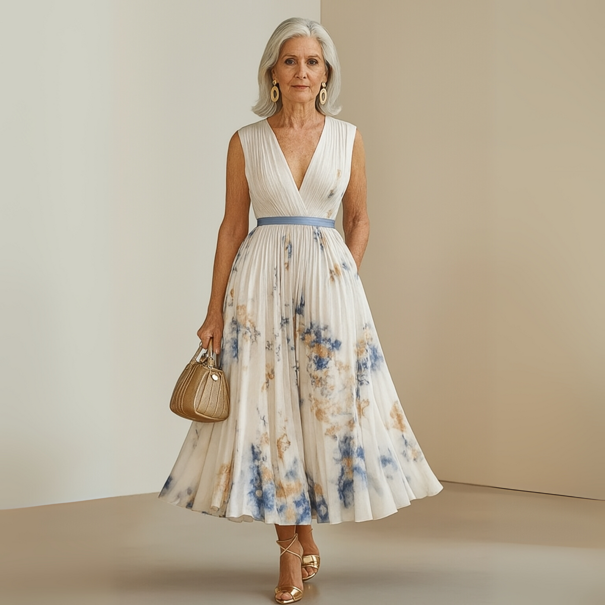 Cecilia | Womens Pleated Chiffon V-Neck Midi Dress