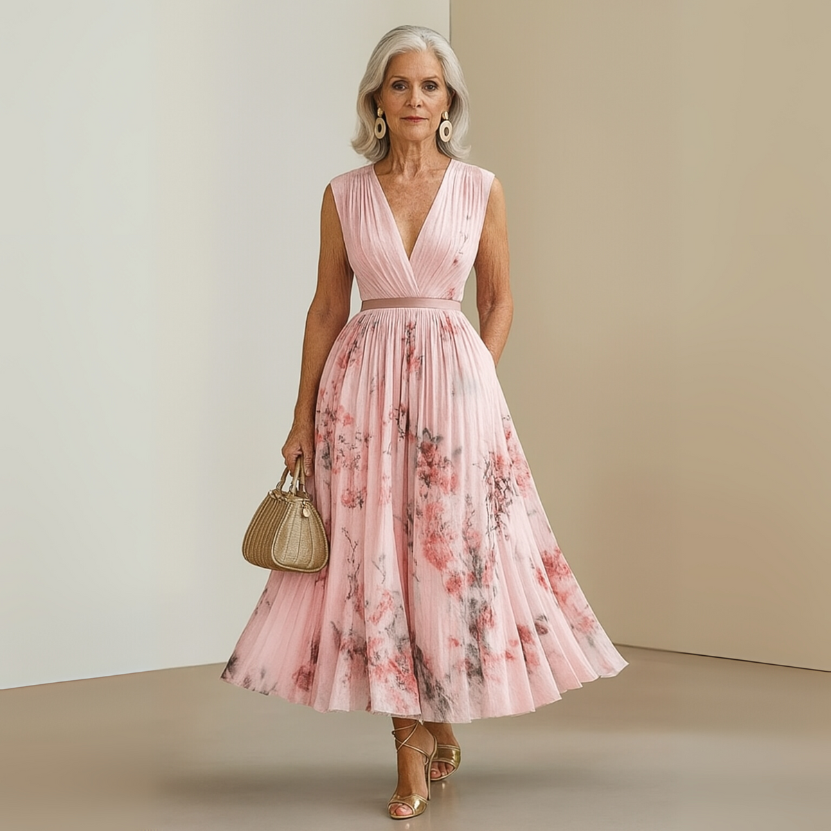 Cecilia | Womens Pleated Chiffon V-Neck Midi Dress