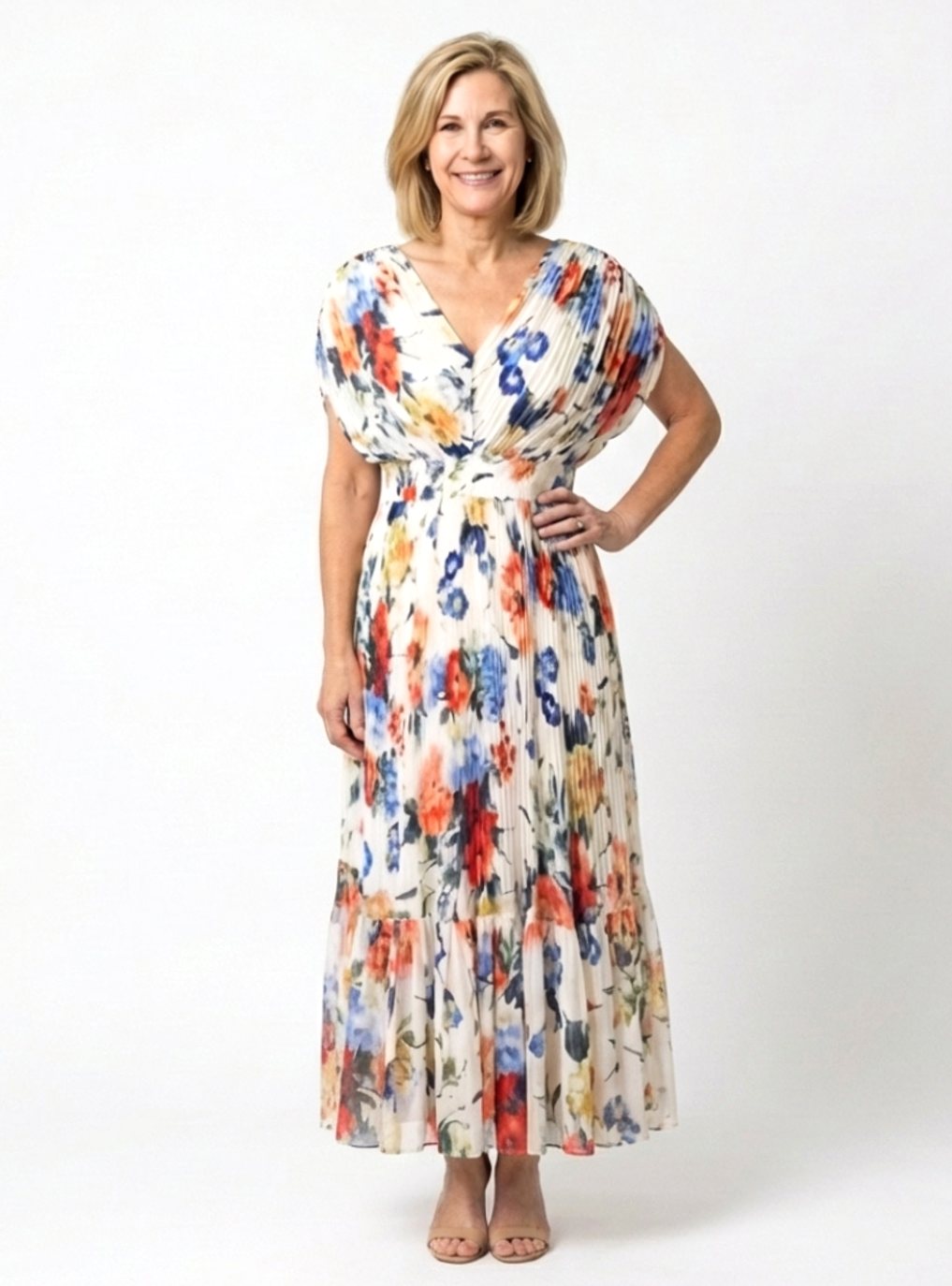 Clara | Pleated Short Sleeve Floral Midi
