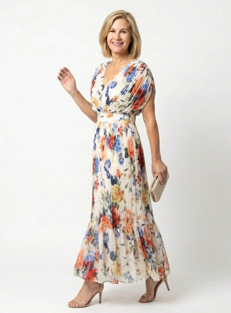 Clara | Pleated Short Sleeve Floral Midi