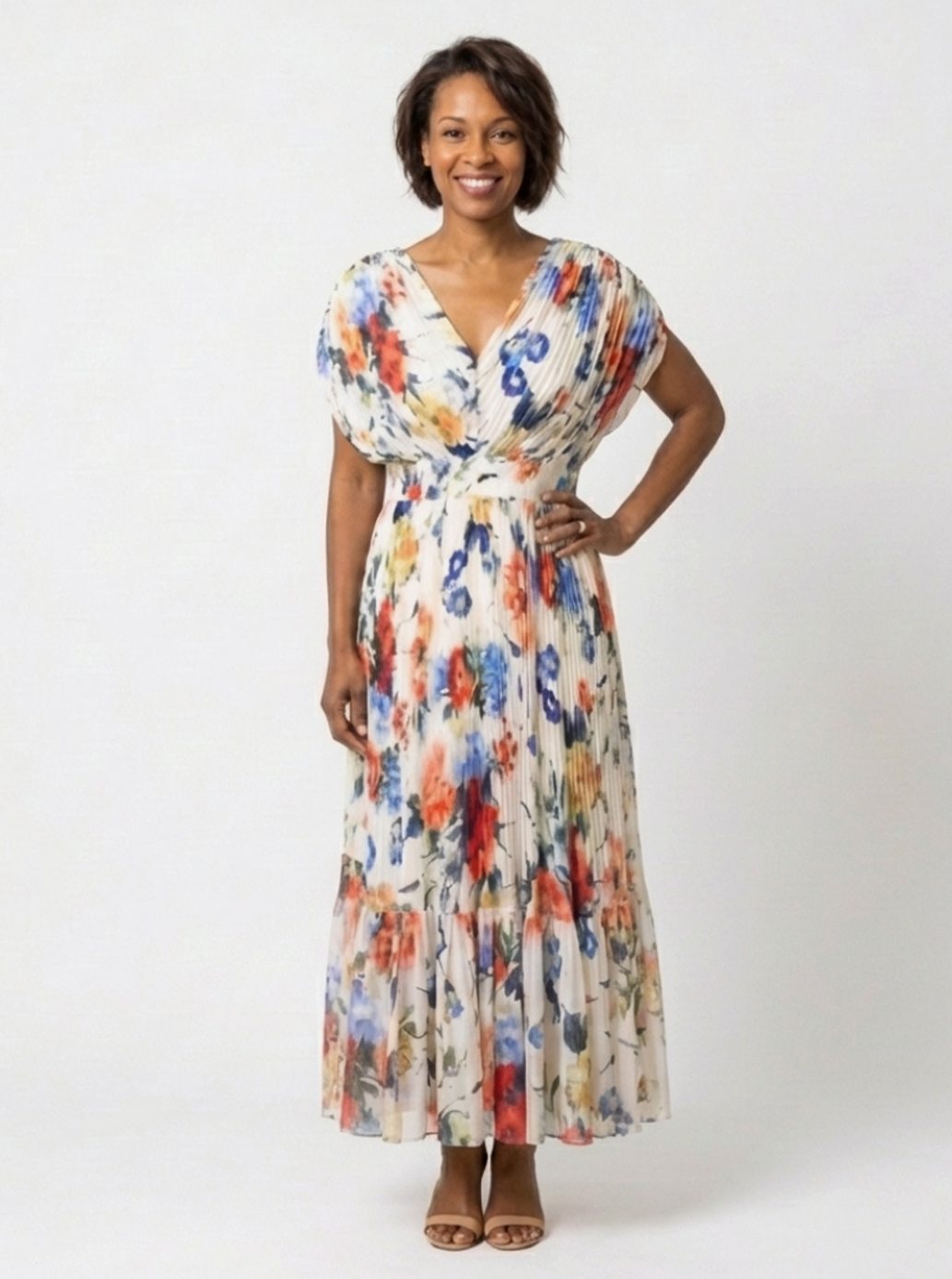 Clara | Pleated Short Sleeve Floral Midi