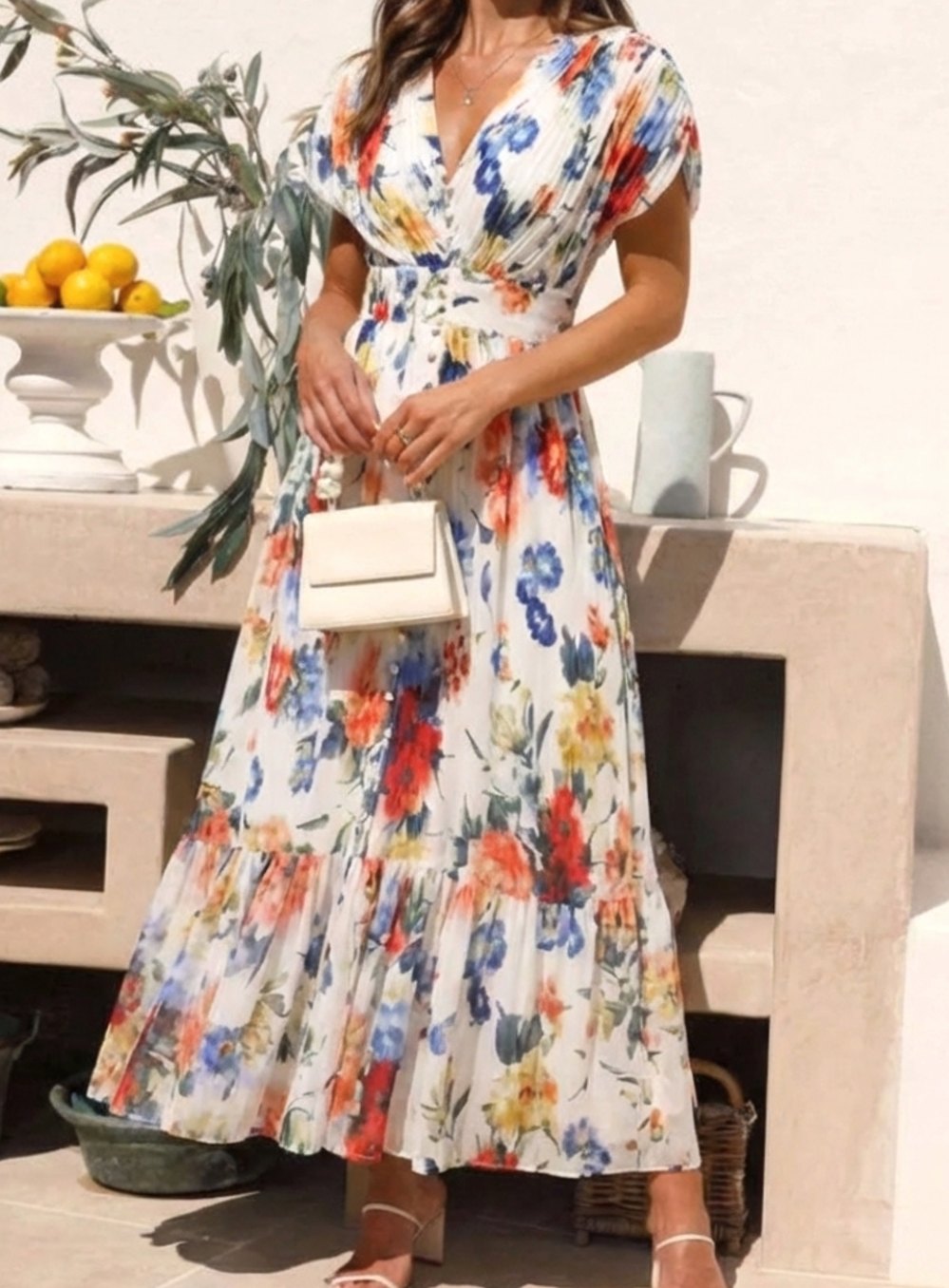 Clara | Pleated Short Sleeve Floral Midi