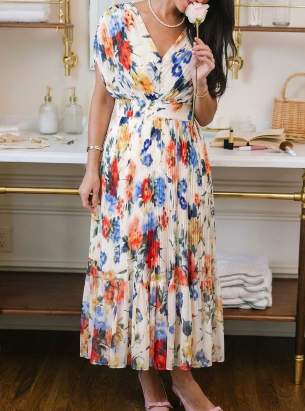 Clara | Pleated Short Sleeve Floral Midi