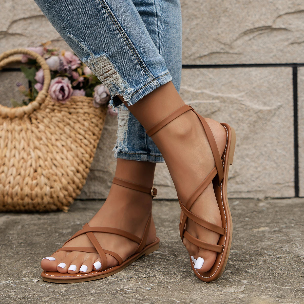 Talia | Cross Strap Ankle Buckle Sandals
