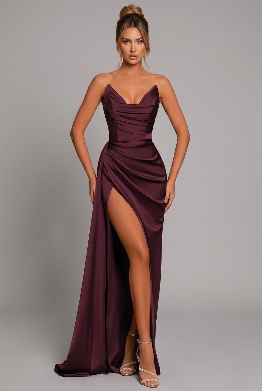 Agatha | Strapless Ruched Satin Evening Dress