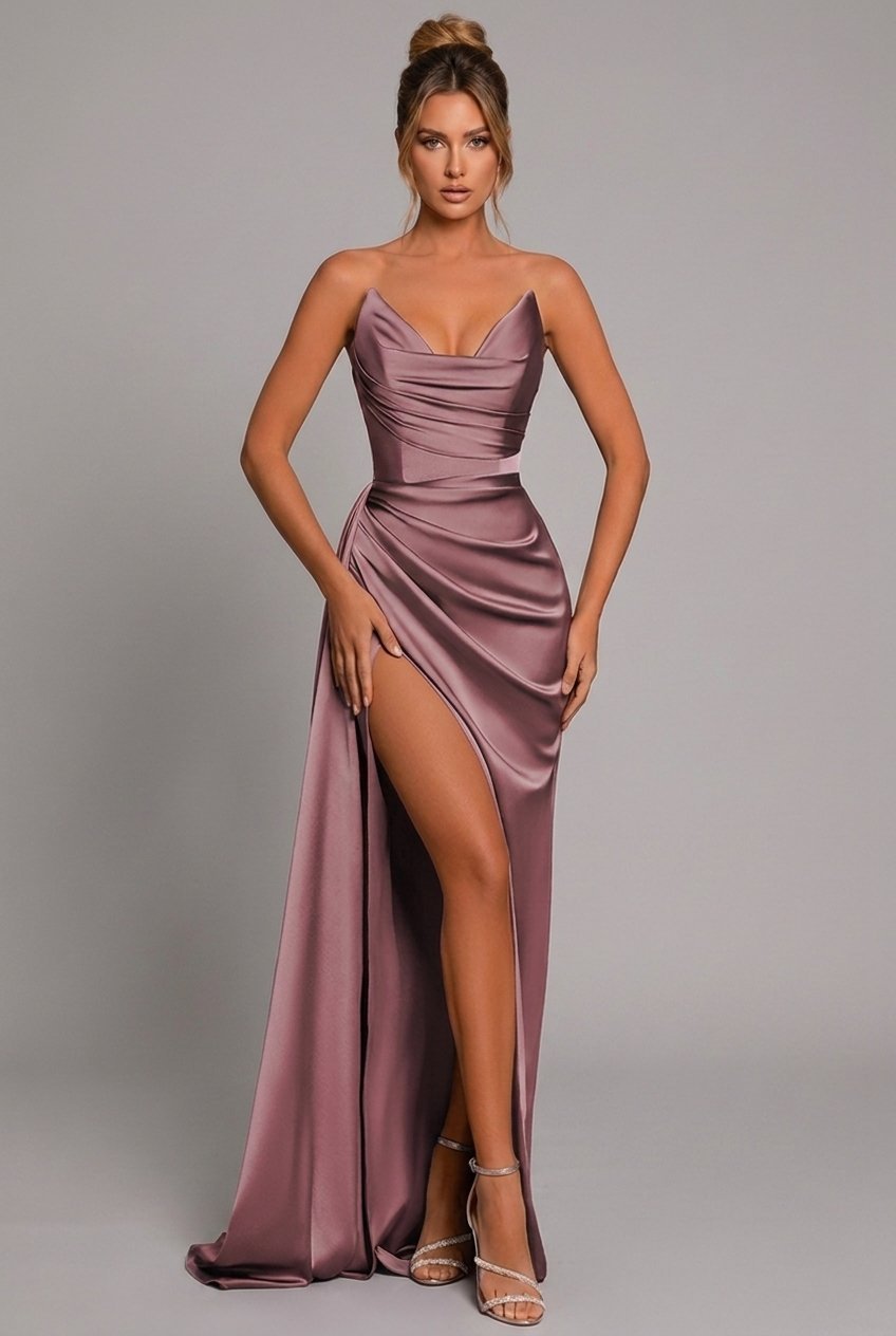 Agatha | Strapless Ruched Satin Evening Dress